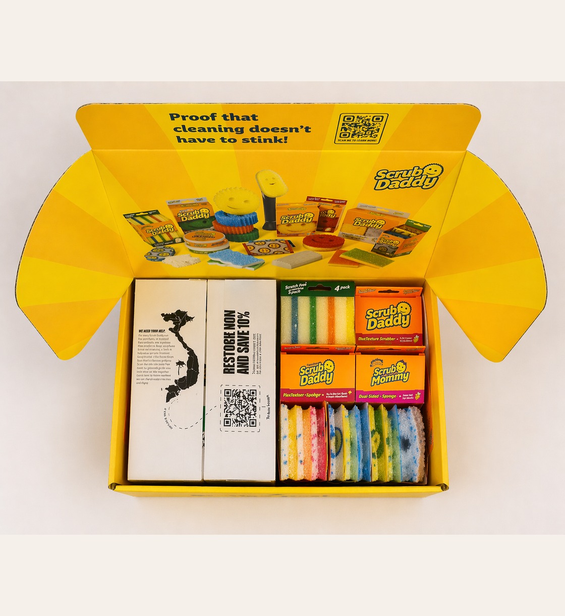 Scrub Daddy products arranged inside a branded gifting box