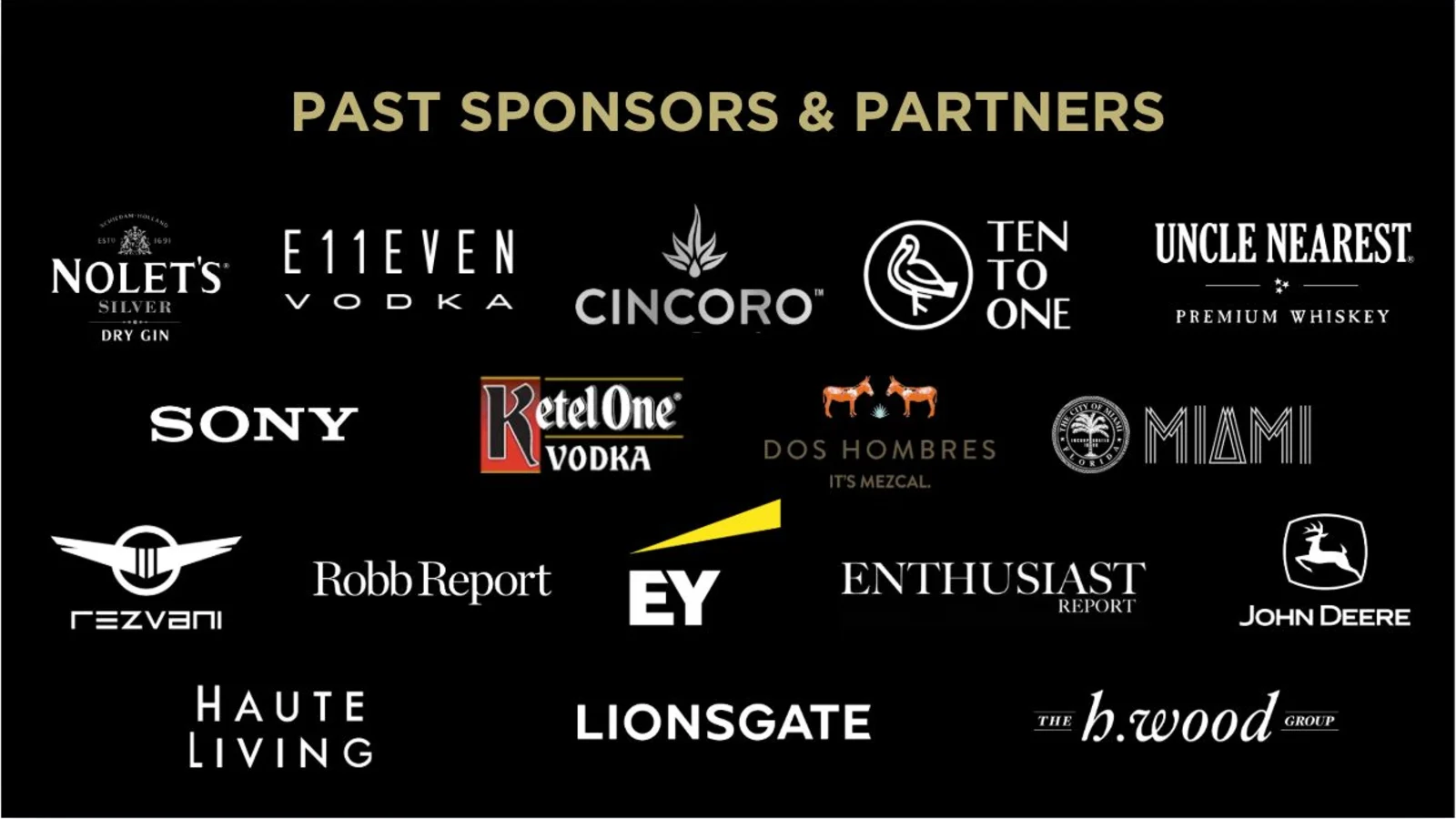 Past sponsors and partners including Nolet's, E11even Vodka, Cincoro, Ten To One, Uncle Nearest, Sony, Ketel One, Dos Hombres, Miami, Rezvani, Robb Report, EY, Enthusiast Report, John Deere, Haute Living, Lionsgate, and The h.wood Group