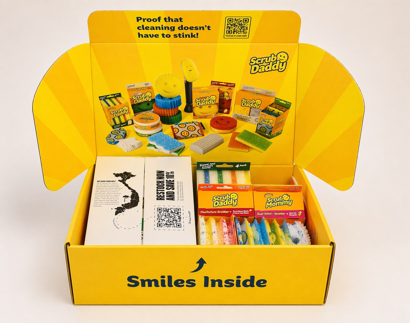 Scrub Daddy products inside a Shark World box